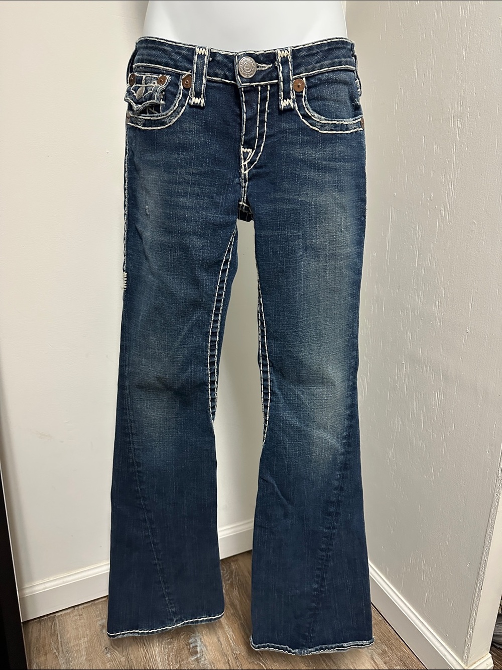 True Religion Dark Blue Flare Jeans with Contrast Stitching